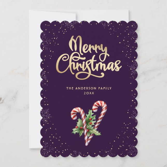 Purple Candy Cane Holly Berries Christmas Holiday Card (Front)