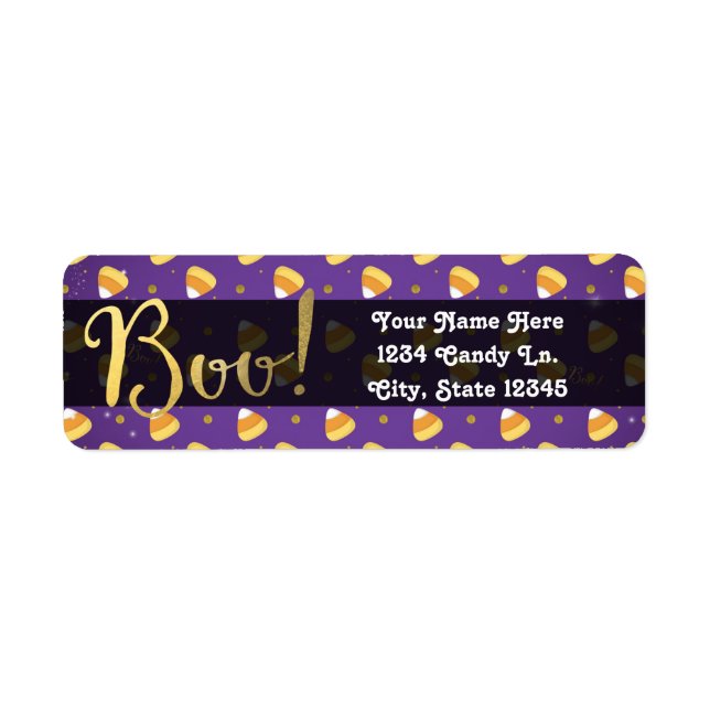Purple Candy Corn & Gold Dots Whimsical Halloween Label (Front)