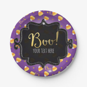 Purple Candy Corn & Gold Dots Whimsical Halloween Paper Plates
