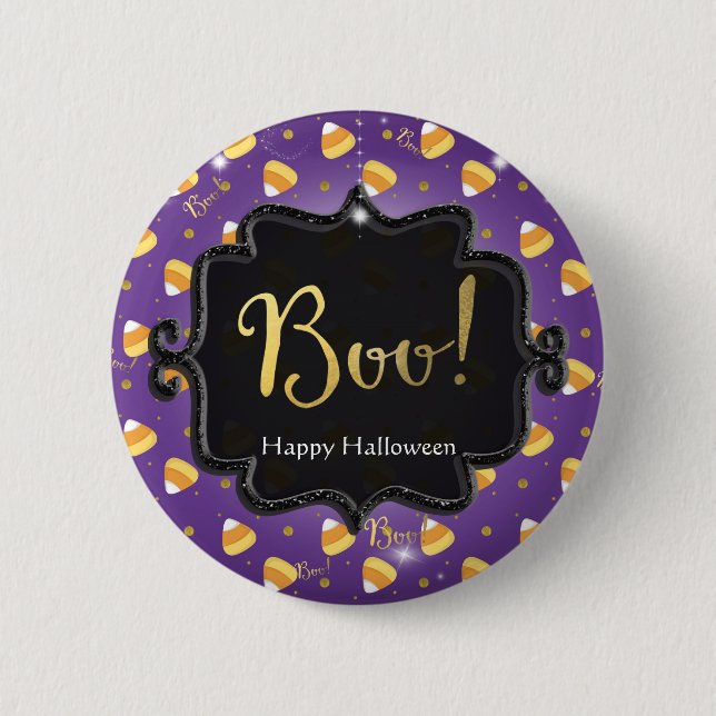 Purple Candy Corn & Gold Dots Whimsical Halloween Pinback Button (Front)