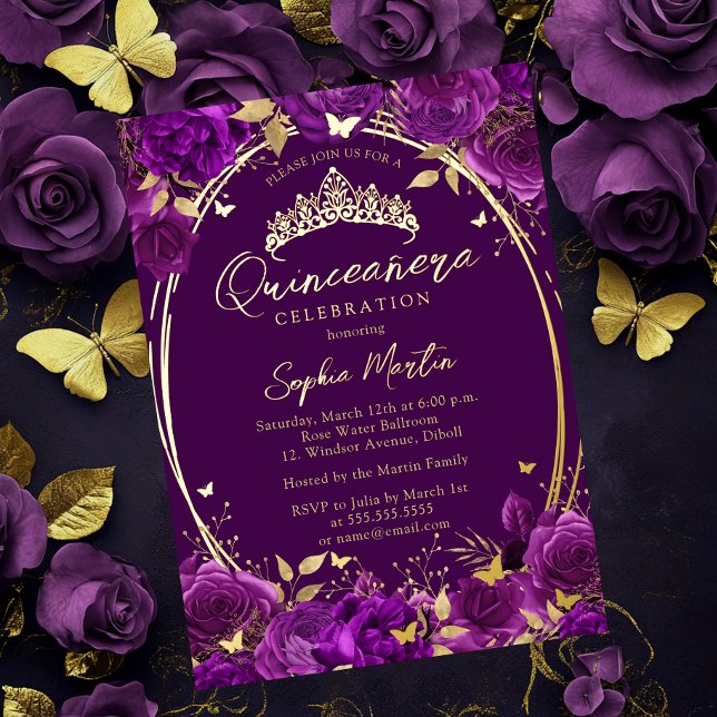 Purple Captivating Floral Butterfly Quinceanera Foil Invitation (Creator Uploaded)