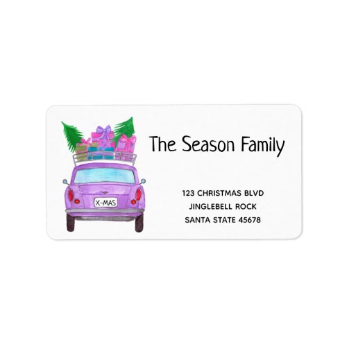 Purple Car with Christmas Gifts Label