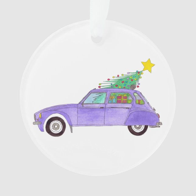 Purple Car with Christmas Gifts Ornament (Front)