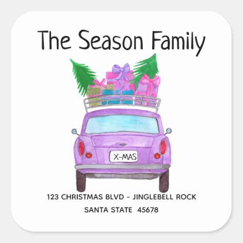 Purple Car with Christmas Gifts Square Sticker