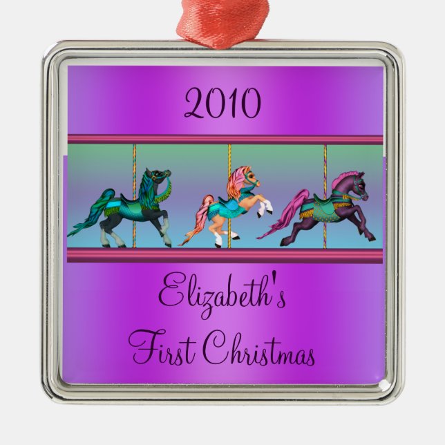 Purple Carousel Ponies Babys First Christmas Metal Ornament (Front)