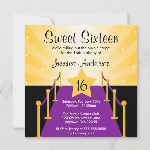 Purple Carpet Hollywood Sweet 16 Birthday Party Custom Invitations