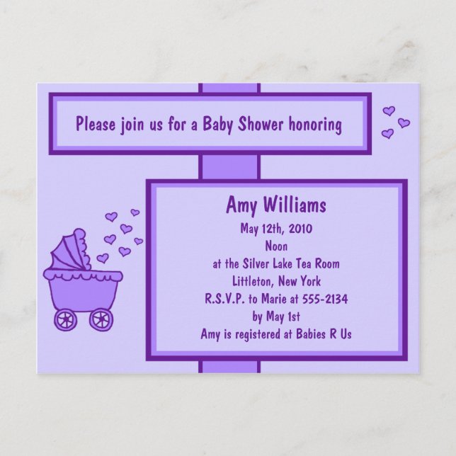 Purple Carriage & Hearts Shower Invitation Postcard (Front)