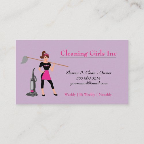Purple Cartoon Girl  Mop House Cleaning Service Business Card