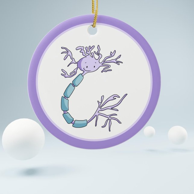 Purple Cartoon Neuron Cell Biology Christmas  Ceramic Ornament (Cute cartoon neuron illustration  christmas ornament makes the perfect gift for biologists)
