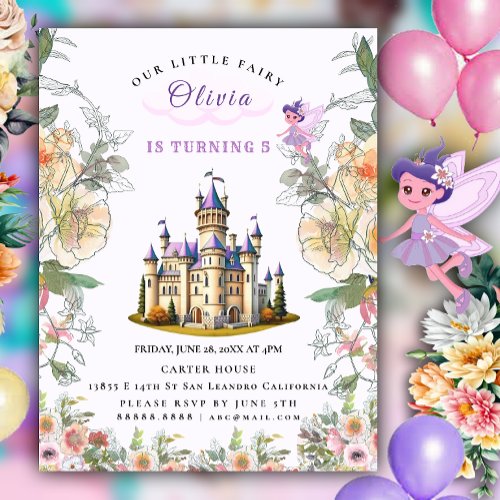Purple Castle Fairytale Birthday Theme with Fairy Announcement Postcard