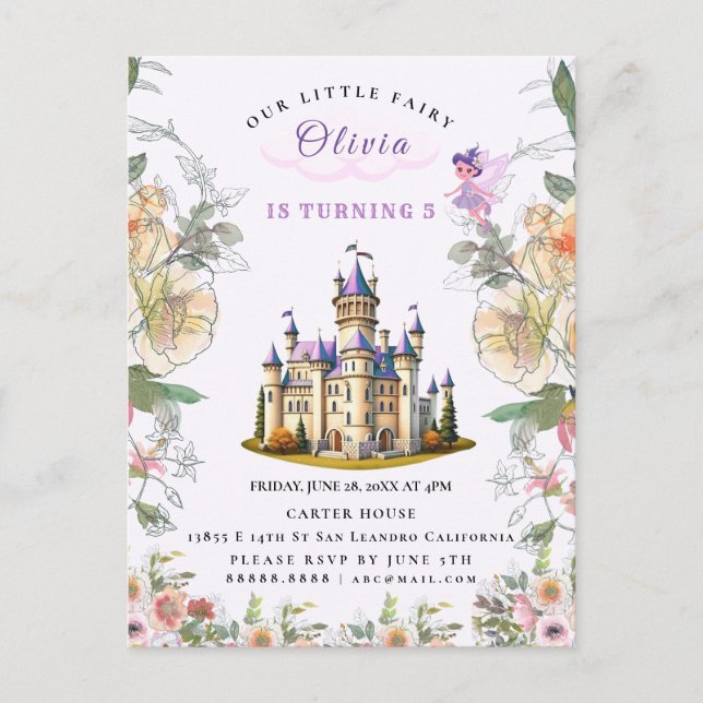 Purple Castle Fairytale Birthday Theme with Fairy Invitation Postcard (Front)