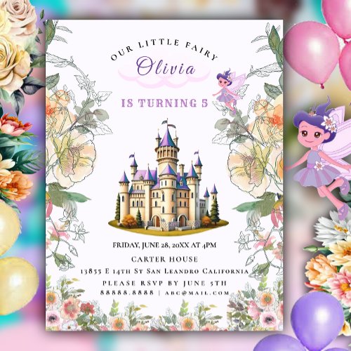 Purple Castle Fairytale Birthday Theme with Fairy Invitation Postcard