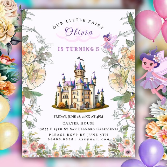 Purple Castle Fairytale Birthday Theme with Fairy Invitation Postcard (Creator Uploaded)