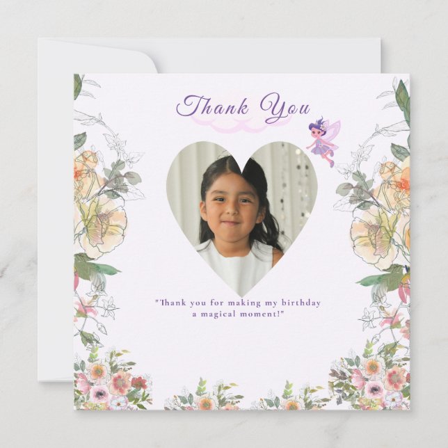Purple Castle Fairytale Birthday Theme with Fairy Thank You Card (Front)