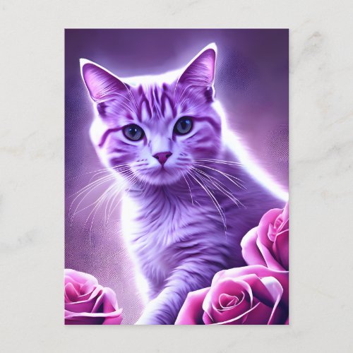 Purple cat called Lavender with roses  Holiday Postcard