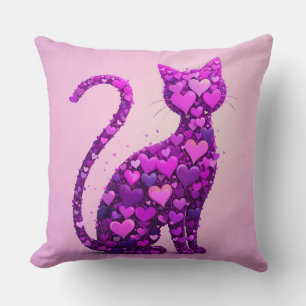 Purple Cat Composed of Heart Shape Throw Pillow