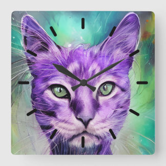 Purple cat Face Square Wall Clock