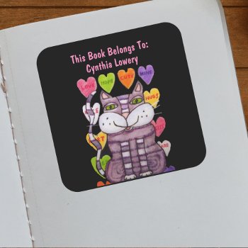 Purple Cat Green Eyes Candy Hearts With Sayings Square Sticker by artbymar at Zazzle