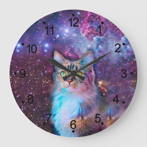 Purple cat in space large clock
