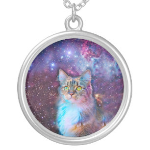 Purple cat in space silver plated necklace