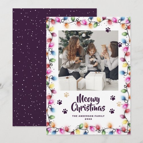 Purple Cat Paws Christmas Lights Photo Meowy Holiday Card