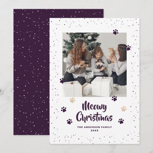 Purple Cat Paws Snow Photo Meowy Christmas Card