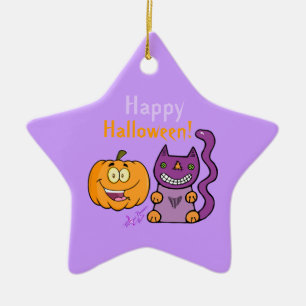 Purple Cat & Pumpkin Happy Halloween Star Ornament