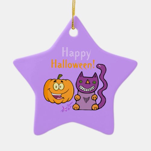 Purple Cat  Pumpkin Happy Halloween Star Ornament