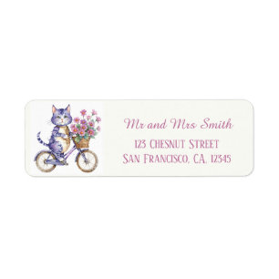 Purple Cat riding a bicycle with flowers Label