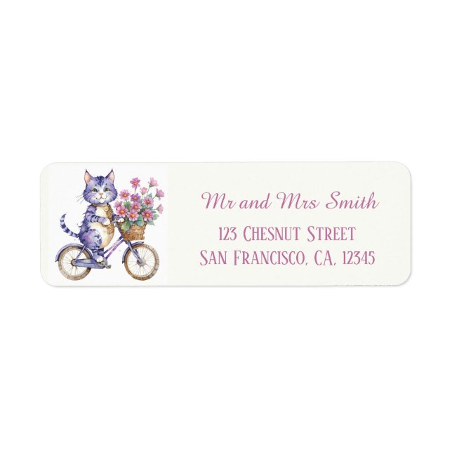 Purple Cat riding a bicycle with flowers Label (Front)