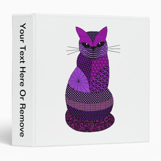 Purple Cat Zen Tangle Pretty Feline Art Pattern 3 Ring Binder (Front/Spine)