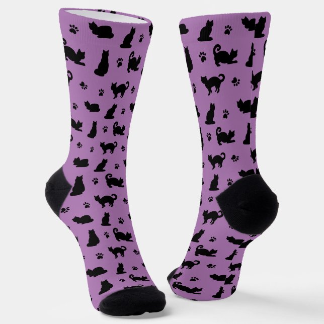 Purple Cats and Paw Prints Pattern Socks (Angled)