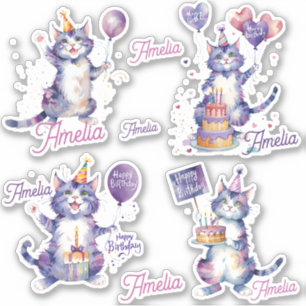 Purple Cats Happy Birthday Personalized Sticker