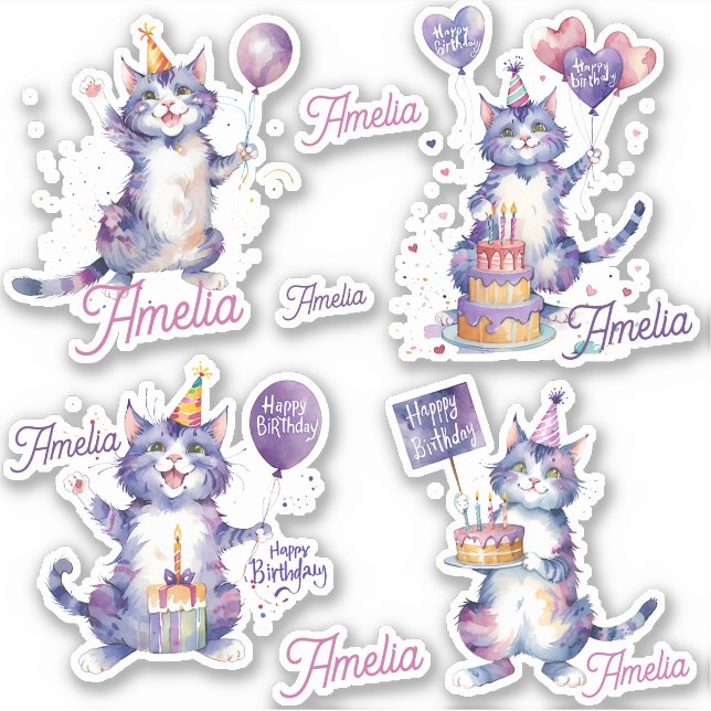 Purple Cats Happy Birthday Personalized Sticker (Front)