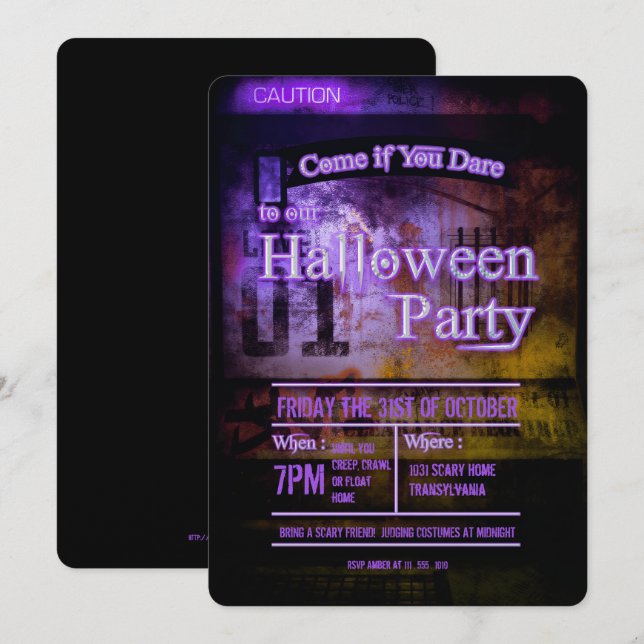 Purple Caution Level 01 Halloween Party Invitation (Front/Back)