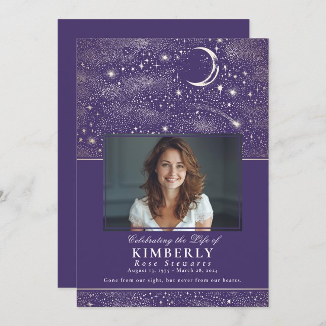 Purple Celebration of Life Funeral Memorial Photo Invitation (Front/Back)