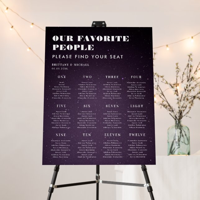 Purple Celestial 12 Tables Wedding Seating Chart   Foam Board (In Situ (Stand))