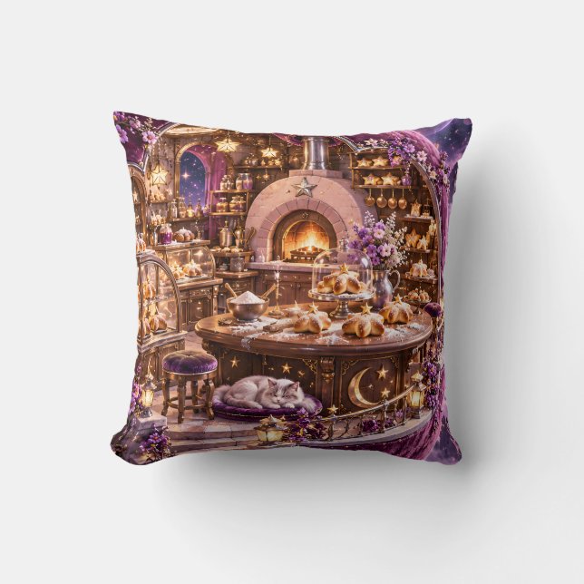 Purple Celestial Bakery Sleeping Cat Throw Pillow (Front)