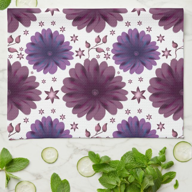 Purple Celestial Floral Pattern Kitchen Towel (Folded)