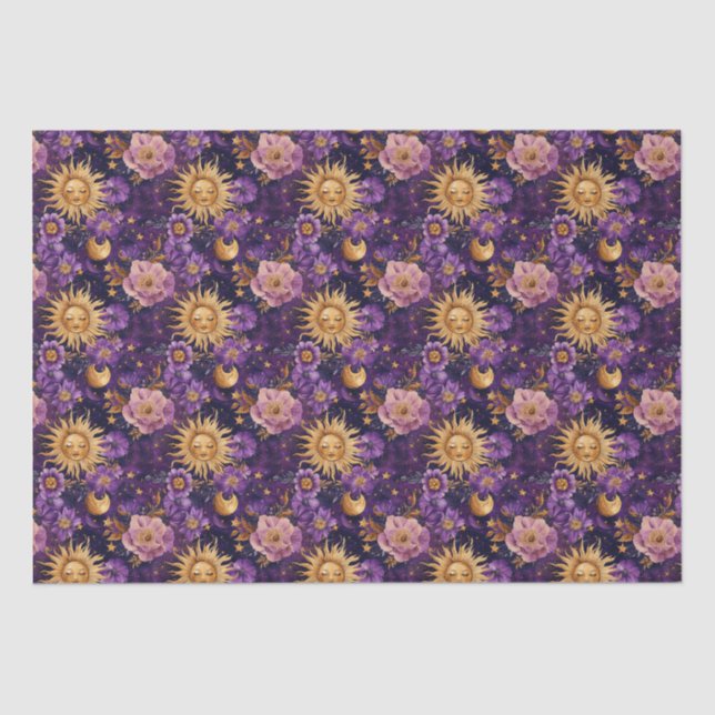 Purple Celestial Floral Sun Moon and Stars  Tissue Paper (Front)