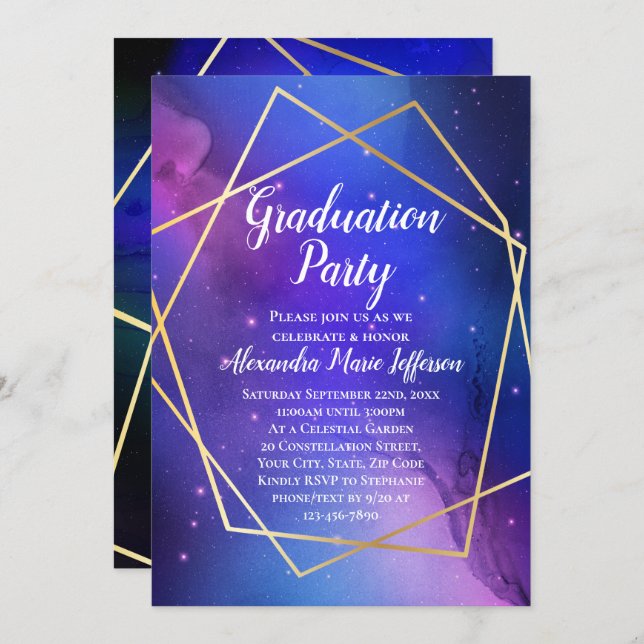 Purple Celestial Geometric Gold Graduation Party Invitation (Front/Back)