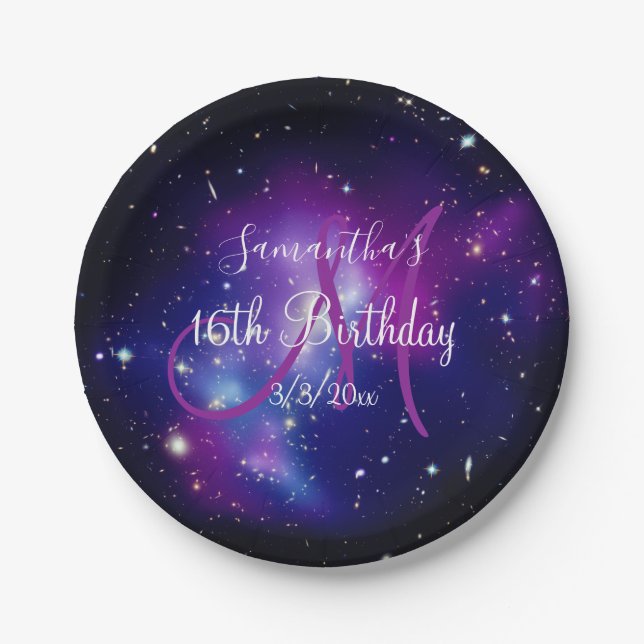 Purple Celestial Monogram Birthday Paper Plates (Front)