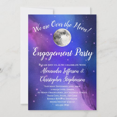 Purple Celestial Over the Moon Engagement Party Invitation