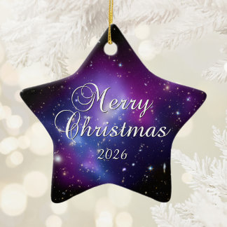Purple Celestial Space Photo Merry Christmas Ceramic Ornament