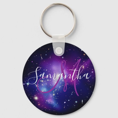 Purple Celestial Space Photo Monogrammed Keychain