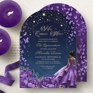 Purple Celestial Stars Floral Quinceanera Invitation