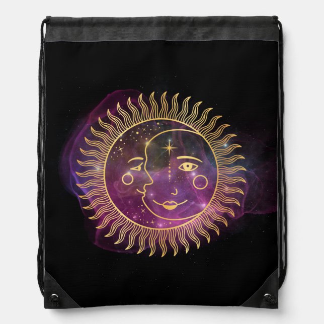 Purple Celestial Sun and Moon Drawstring Bag (Front)
