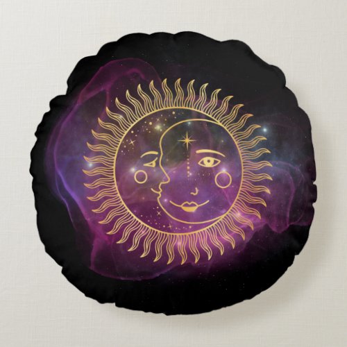 Purple Celestial Sun and Moon Round Pillow