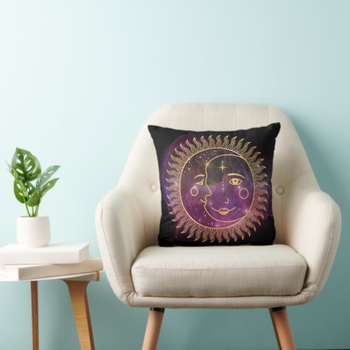Purple Celestial Sun and Moon  Throw Pillow