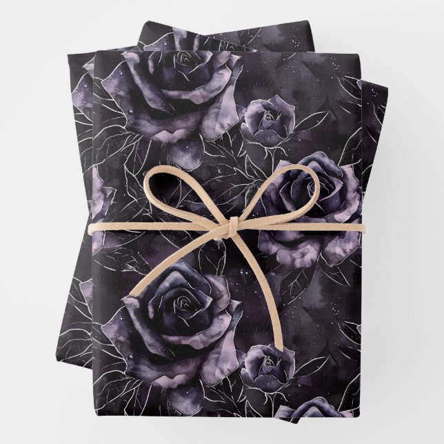 Purple Cemetery Roses Gothic Occult Wrapping Paper Sheets (In situ)